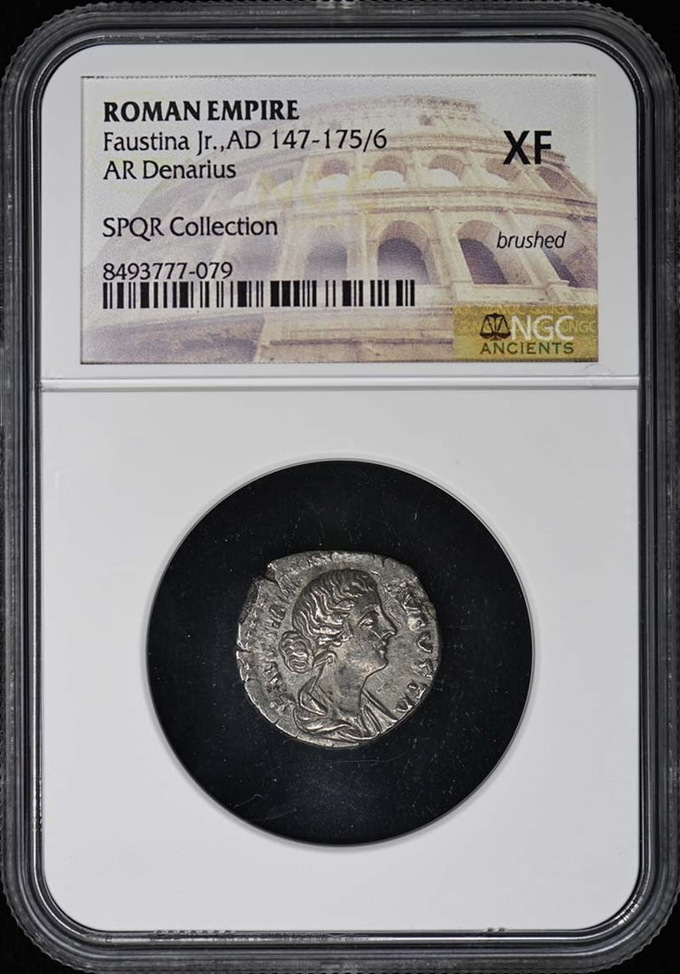 NGC XF Roman Empire AR Denarius Faustina Jr.: NGC XF Roman Empire AR Denarius Faustina Jr. This is a Roman Empire AR Denarius coin from the reign of Faustina Junior, dating between AD 147 and 175/6. The coin has been certified and graded XF (Extr