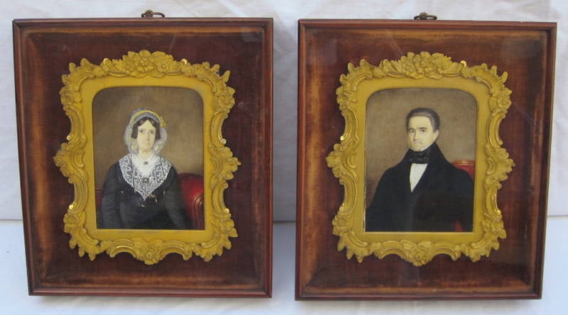 Pair of 1842 D Byrne Miniature Vellum Paintings in Dore Bronze Frames (1 of 11)