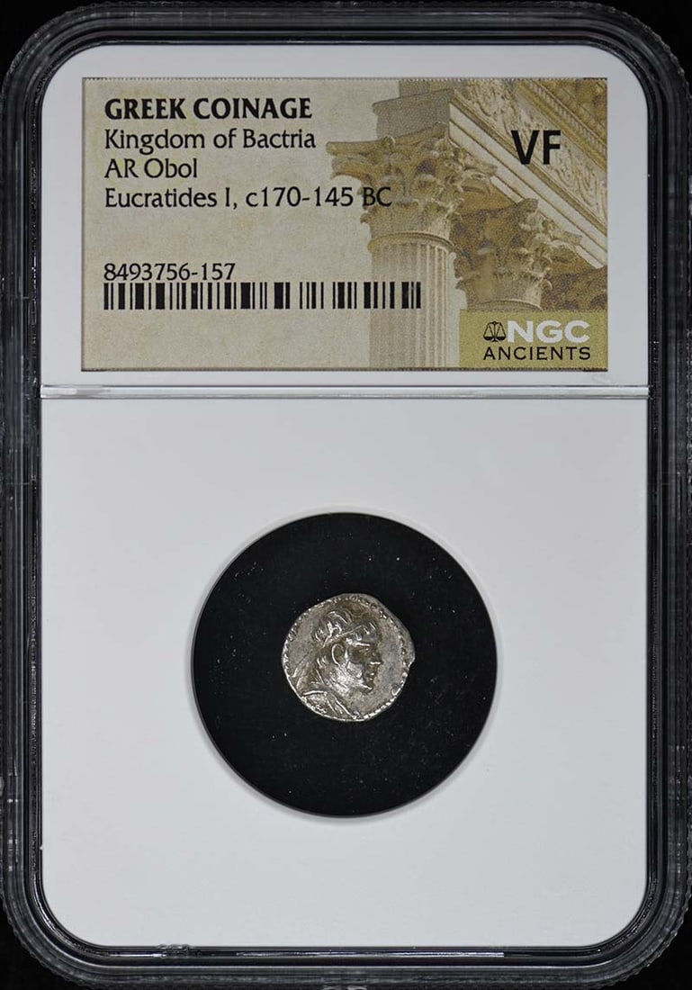 NGC VF AR Obol Kingdom of Bactria Greek Coinage: NGC VF AR Obol Kingdom of Bactria Greek Coinage This Kingdom of Bactria Greek coin is an AR Obol, certified and graded VF (Very Fine) by NGC. The coin originates from Greece and is offered in pre-owne