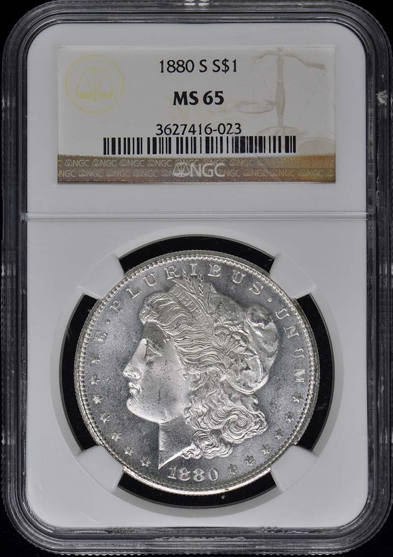 1880-S NGC MS65 Uncirculated Morgan Dollar San Francisco: 1880-S NGC MS65 Uncirculated Morgan Dollar San Francisco This 1880-S Morgan Dollar is a stunning piece, certified by NGC with a grade of MS65, indicating its uncirculated condition. Minted in San Fran