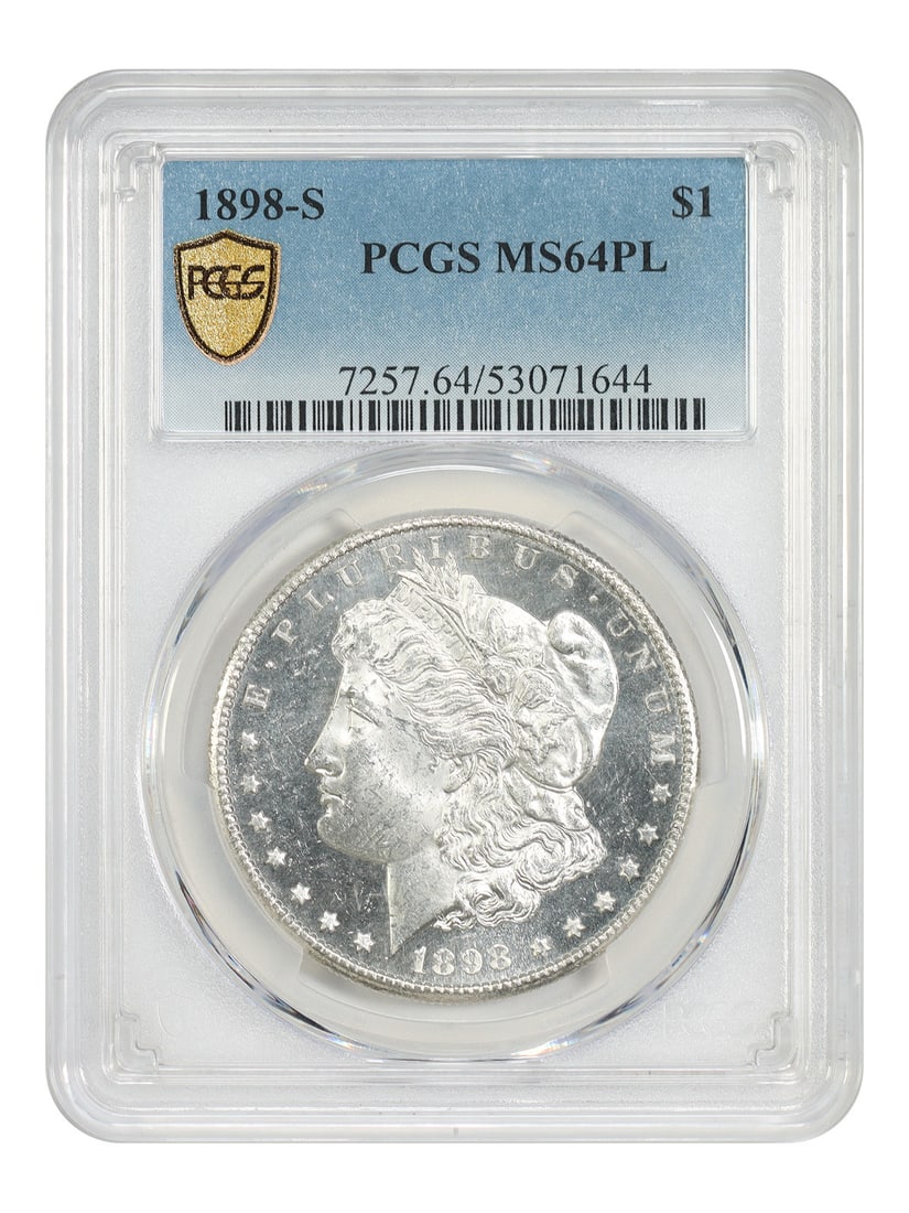 PCGS MS64PL 1898-S Morgan Dollar $1 Coin: PCGS MS64PL 1898-S Morgan Dollar $1 Coin 1898-S Morgan Dollar certified by PCGS and graded MS64PL. This uncirculated $1 coin from the San Francisco mint is a choice PL example with white, flashy surfa