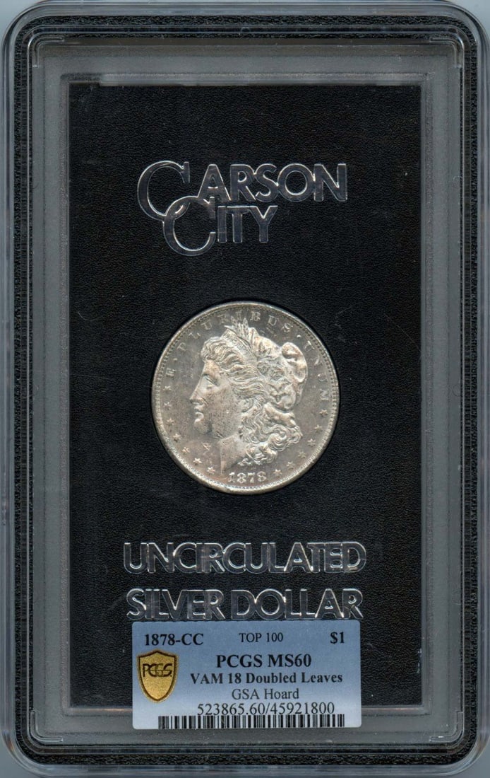 1878 Carson City VAM-18 Morgan Dollar GSA Hoard Silver Coin MS60: 1878 Carson City VAM-18 Morgan Dollar GSA Hoard Silver Coin MS60 This is an uncirculated 1878-CC Morgan Dollar VAM-18 from the GSA Hoard, graded MS60. The coin was minted in Carson City and features t