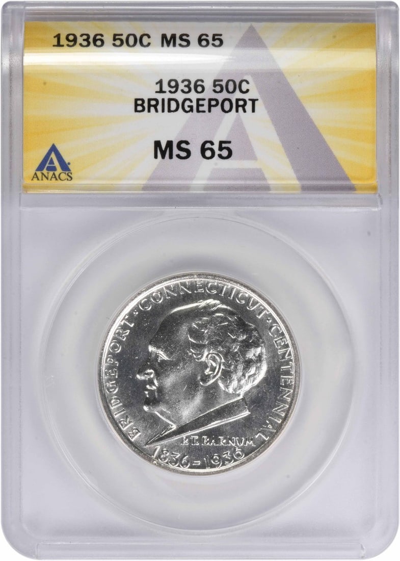 1936 Bridgeport Half Dollar ANACS MS65 Silver Commemorative Coin: 1936 Bridgeport Half Dollar ANACS MS65 Silver Commemorative Coin This is a 1936 Bridgeport Commemorative Silver Half Dollar, certified by ANACS with a grade of MS65. Struck at the Philadelphia Mint, t