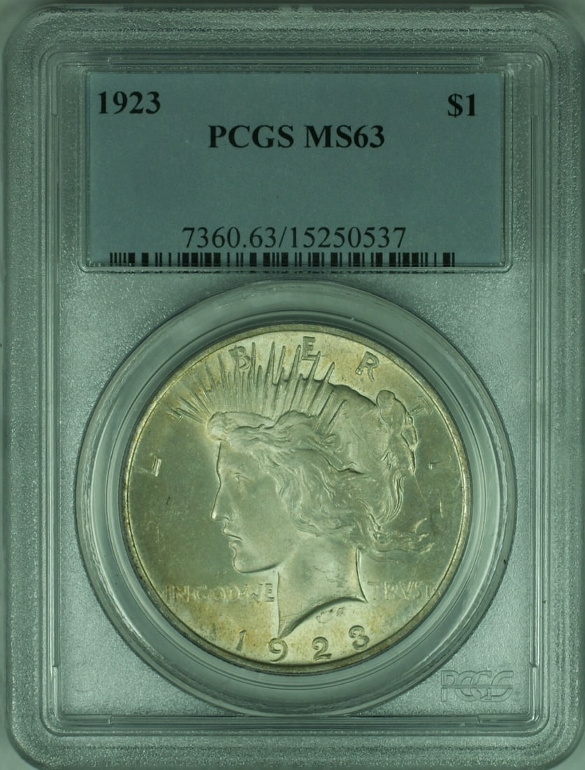 PCGS MS63 1923 Peace silver dollar light toning: PCGS MS63 1923 Peace silver dollar light toning This is a 1923 Peace Silver Dollar $1 coin from the United States, certified by PCGS with a grade of MS-63. The coin is composed of silver and has light