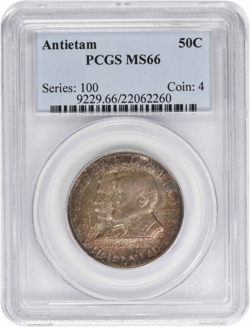 1937 Silver Half Dollar MS66 PCGS Antietam Commemorative Coin: 1937 Silver Half Dollar MS66 PCGS Antietam Commemorative Coin This is a 1937 Antietam Commemorative Silver Half Dollar, certified by PCGS with a grade of MS66. The coin is uncirculated and features a 
