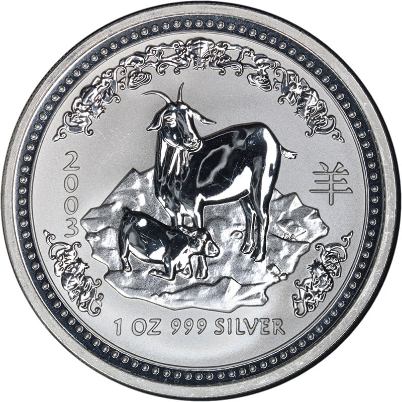 Australian 2003 Lunar Series I Year of the Goat 1 oz Silver Dollar: Australian 2003 Lunar Series I Year of the Goat 1 oz Silver Dollar 2003 Australia 1 Ounce Silver $1 Year of the Goat Lunar Series I BU coin with superb eye appeal, fantastic luster, and a strong strik