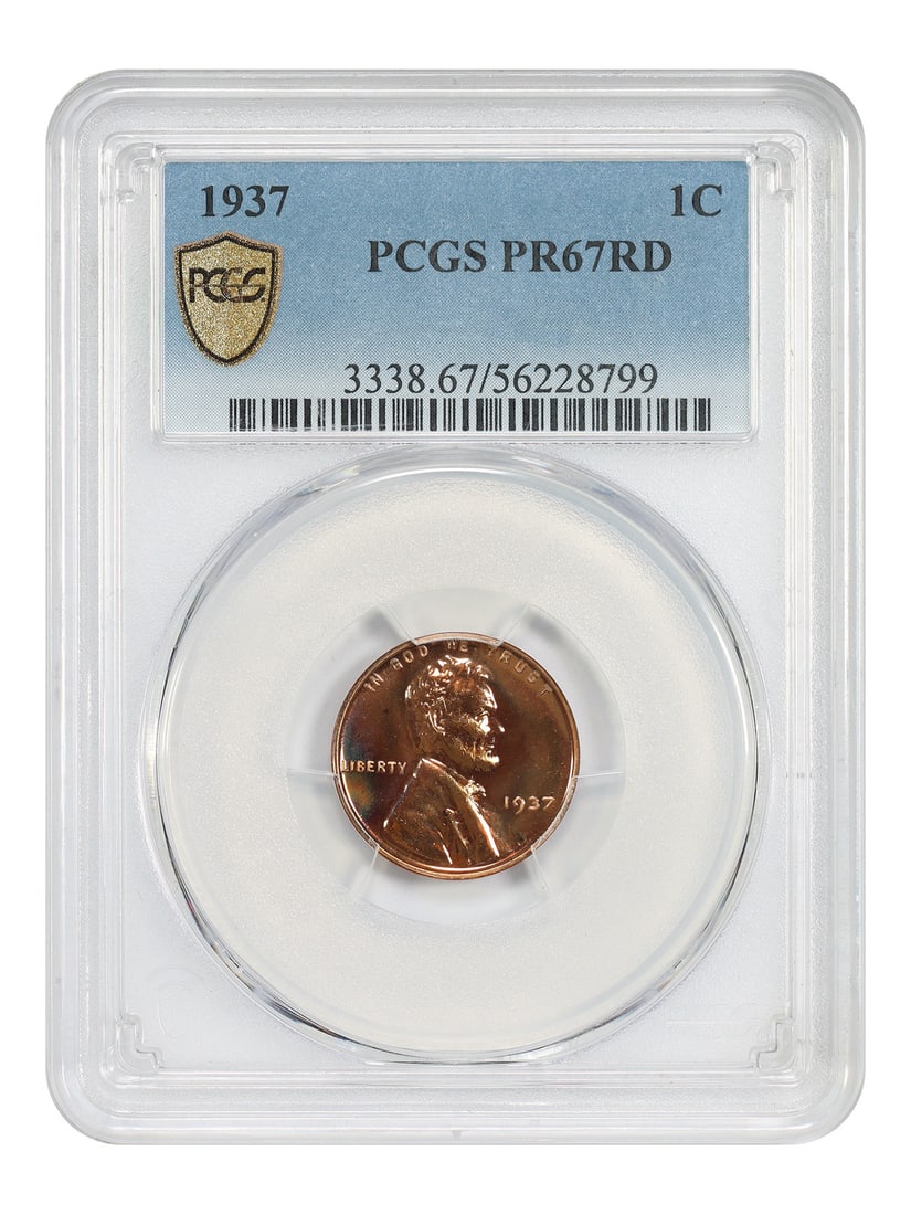 PCGS PR67RD 1937 Lincoln Wheat Cent 1C Early Proof: PCGS PR67RD 1937 Lincoln Wheat Cent 1C Early Proof This 1937 Lincoln Cent (Wheat Reverse) is a PCGS-certified Proof 67 RD example from Philadelphia. It is described as an uncirculated coin with except