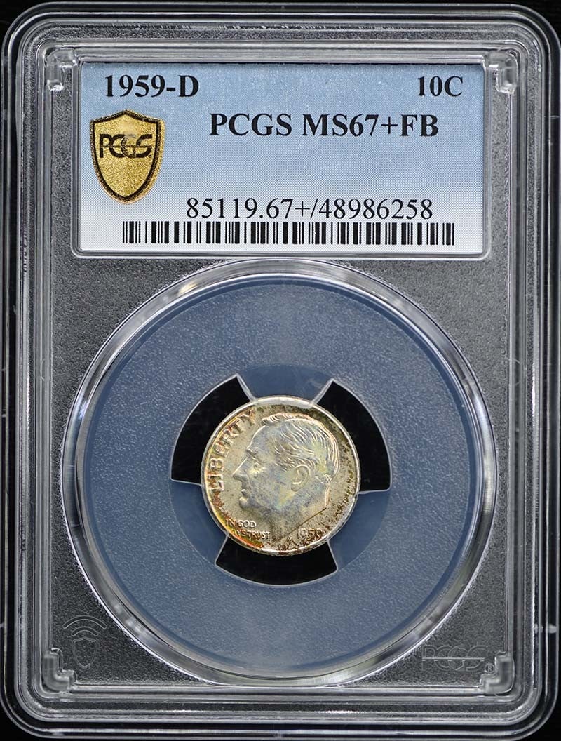 1959-D Roosevelt Dime PCGS MS67+FB Uncirculated: 1959-D Roosevelt Dime PCGS MS67+FB Uncirculated This 1959-D Roosevelt Dime is certified by PCGS with a remarkable grade of MS67+FB, indicating its exceptional quality and full bands designation. Struc