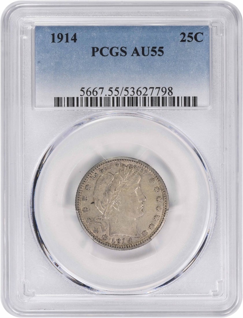1914 Barber Quarter AU55 PCGS 90% Silver Coin: 1914 Barber Quarter AU55 PCGS 90% Silver Coin This 1914 Barber Silver Quarter is a remarkable piece of numismatic history, graded AU55 by PCGS. Minted in Philadelphia, this quarter features a classic 