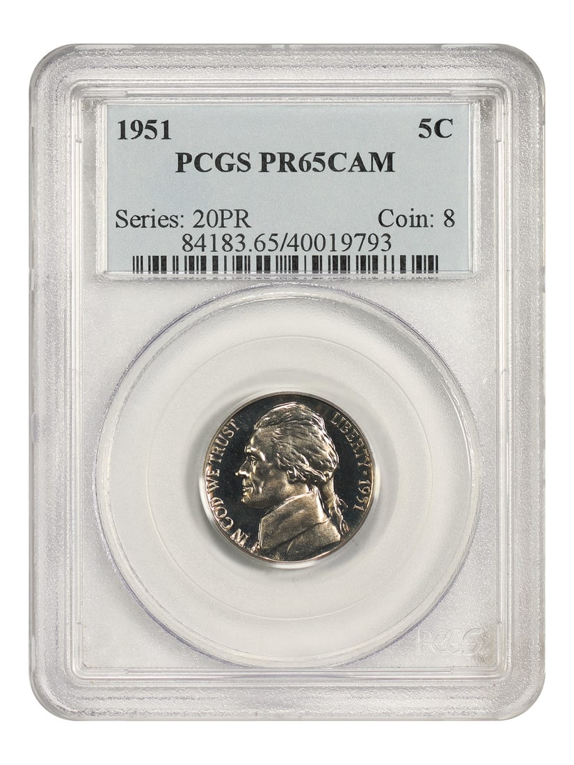 Jefferson Nickel 1951 5C PCGS PR65CAM: Jefferson Nickel 1951 5C PCGS PR65CAM 1951 Jefferson Nickel graded PCGS PR65CAM. This uncirculated 5C coin was minted in Philadelphia and is certified by PCGS with certification number 40019793. Condi