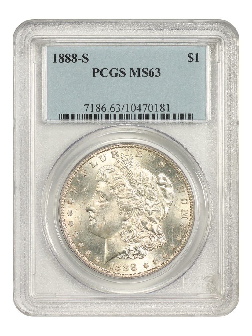 PCGS MS63 1888-S Morgan Dollar $1 San Francisco Mint: PCGS MS63 1888-S Morgan Dollar $1 San Francisco Mint 1888-S Morgan Dollar $1 certified by PCGS as MS63. This uncirculated San Francisco Mint issue is noted for its limited production of 657,000 coins 