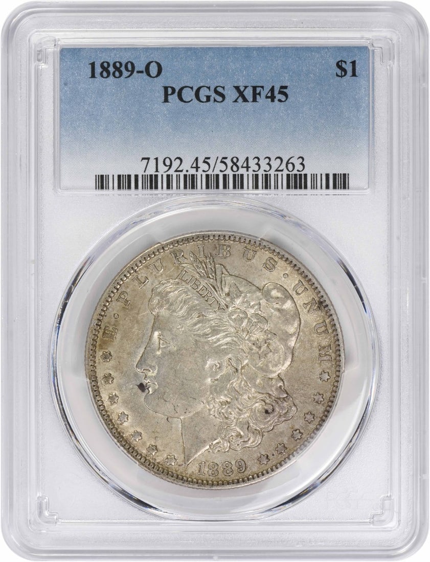 PCGS EF45 1889 New Orleans Morgan Dollar 90 Percent Silver Coin: PCGS EF45 1889 New Orleans Morgan Dollar 90 Percent Silver Coin This 1889-O Morgan Silver Dollar is graded EF45 by PCGS, indicating it is in Extremely Fine condition. Minted in New Orleans, this circu