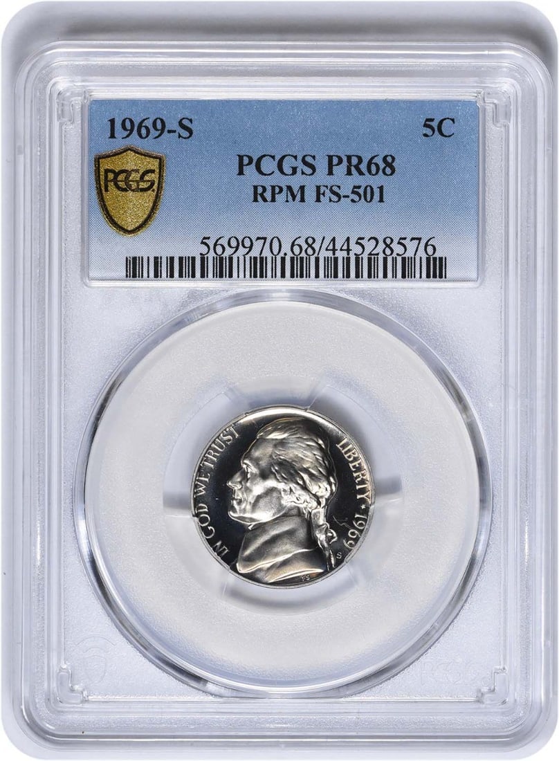 1969-S Jefferson Nickel PR68 Proof PCGS Certified Rare Coin: 1969-S Jefferson Nickel PR68 Proof PCGS Certified Rare Coin This stunning 1969-S Jefferson Nickel is graded PR68 by PCGS, highlighting its exceptional quality and uncirculated condition. Struck in San