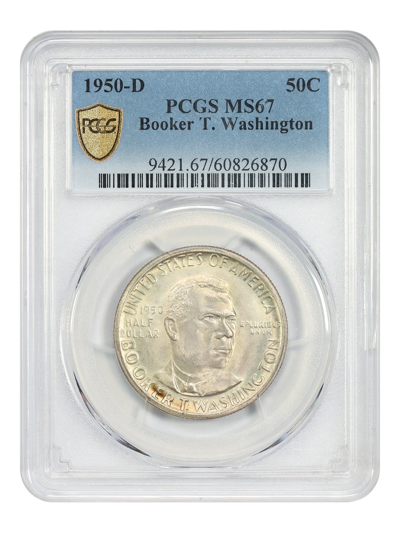 PCGS MS67 1950-D Booker T Washington 50C Silver Commemorative: PCGS MS67 1950-D Booker T Washington 50C Silver Commemorative 1950-D 50C Booker T. Washington classic silver commemorative certified by PCGS. The coin is uncirculated and pre-owned, with a low mintage