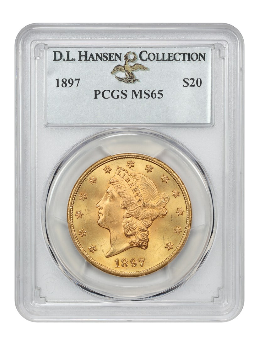 1897 Liberty Head $20 Gold Coin PCGS MS65 D.L. Hansen Collection: 1897 Liberty Head $20 Gold Coin PCGS MS65 D.L. Hansen Collection This stunning 1897 $20 Liberty Head gold coin is certified by PCGS with a grade of MS65. It features sharp details and satiny fields, s