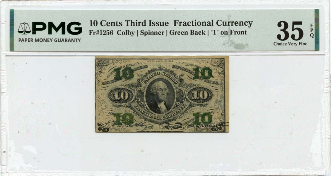 Third Issue 10 Cent Fractional Note FR1256 PMG VF35 EPQ United States: Third Issue 10 Cent Fractional Note FR1256 PMG VF35 EPQ United States This is a United States fractional currency note from the Third Issue, with a denomination of 10 cents. The note is graded VF35 by