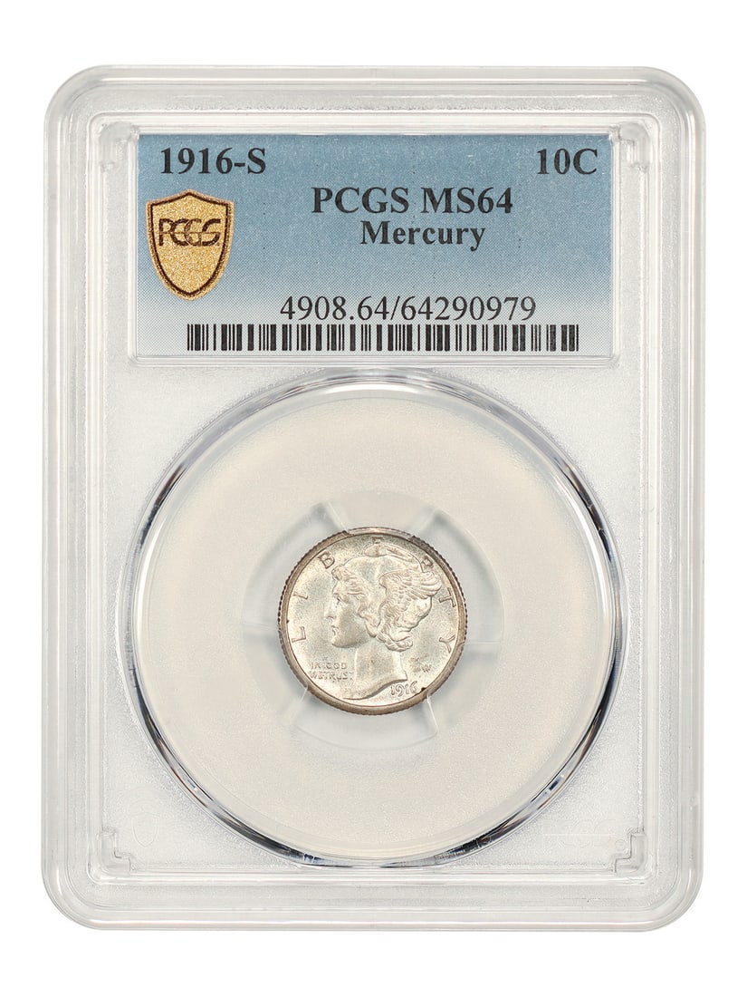 PCGS MS64 1916-S Mercury Dime 10C First Year Issue: PCGS MS64 1916-S Mercury Dime 10C First Year Issue 1916-S 10C Mercury Dime certified by PCGS and graded MS64. This uncirculated coin is identified as the first year S-mint Mercury dime. Condition is p