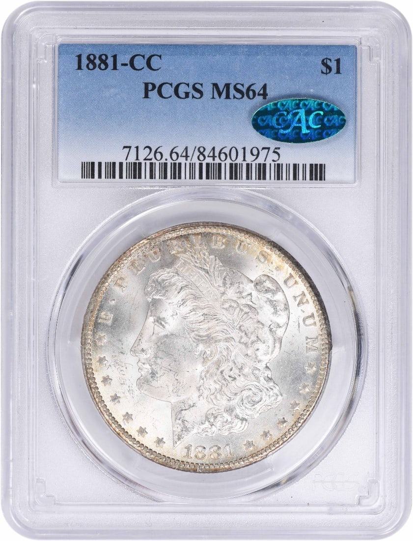 Carson City 1881 Morgan Dollar MS64 PCGS Certified CAC: Carson City 1881 Morgan Dollar MS64 PCGS Certified CAC This 1881-CC Morgan Silver Dollar is certified MS64 by PCGS and features the CAC designation. Struck at the Carson City Mint, the coin is compose