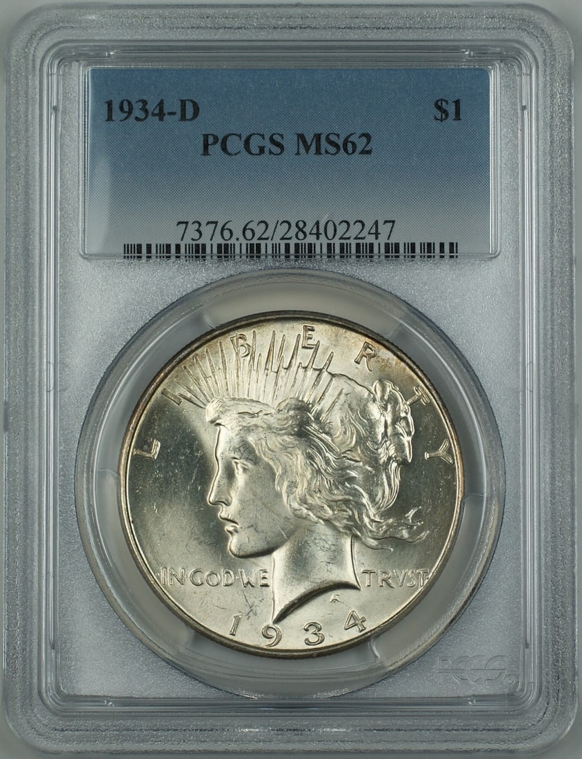 PCGS MS62 1934-D Peace Silver Dollar: PCGS MS62 1934-D Peace Silver Dollar This 1934-D Silver Peace Dollar is certified by PCGS with a grade of MS 62. Minted in Denver, this uncirculated U.S. dollar coin features an attractive lustrous ap