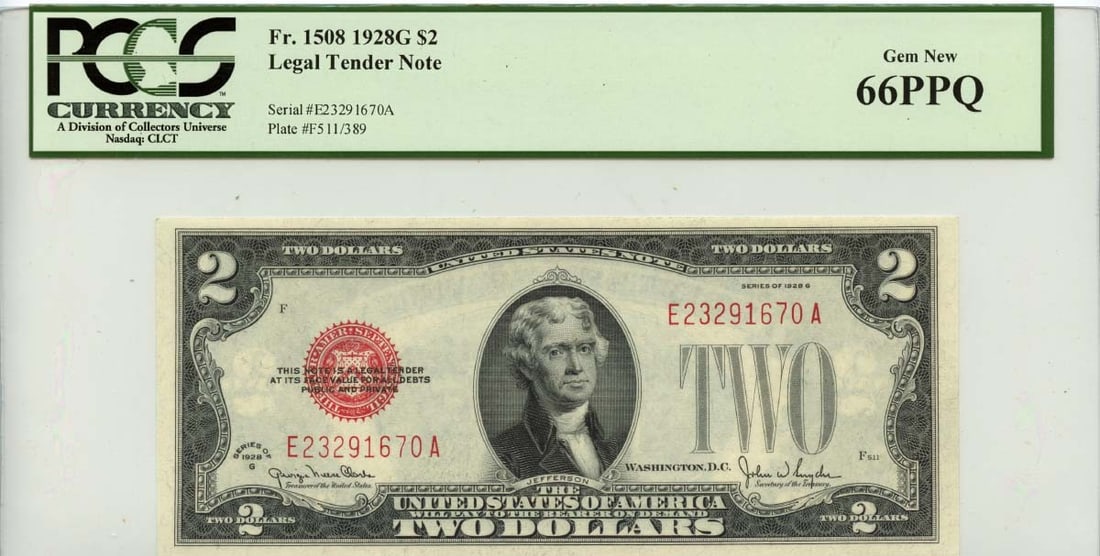 1928G $2 Legal Tender Note FR#1508 PCGS Gem 66PPQ Certified: 1928G $2 Legal Tender Note FR#1508 PCGS Gem 66PPQ Certified This 1928G $2 Legal Tender Note (FR#1508) is a remarkable collectible, certified by PCGS Currency with a certification number of 80191015. I