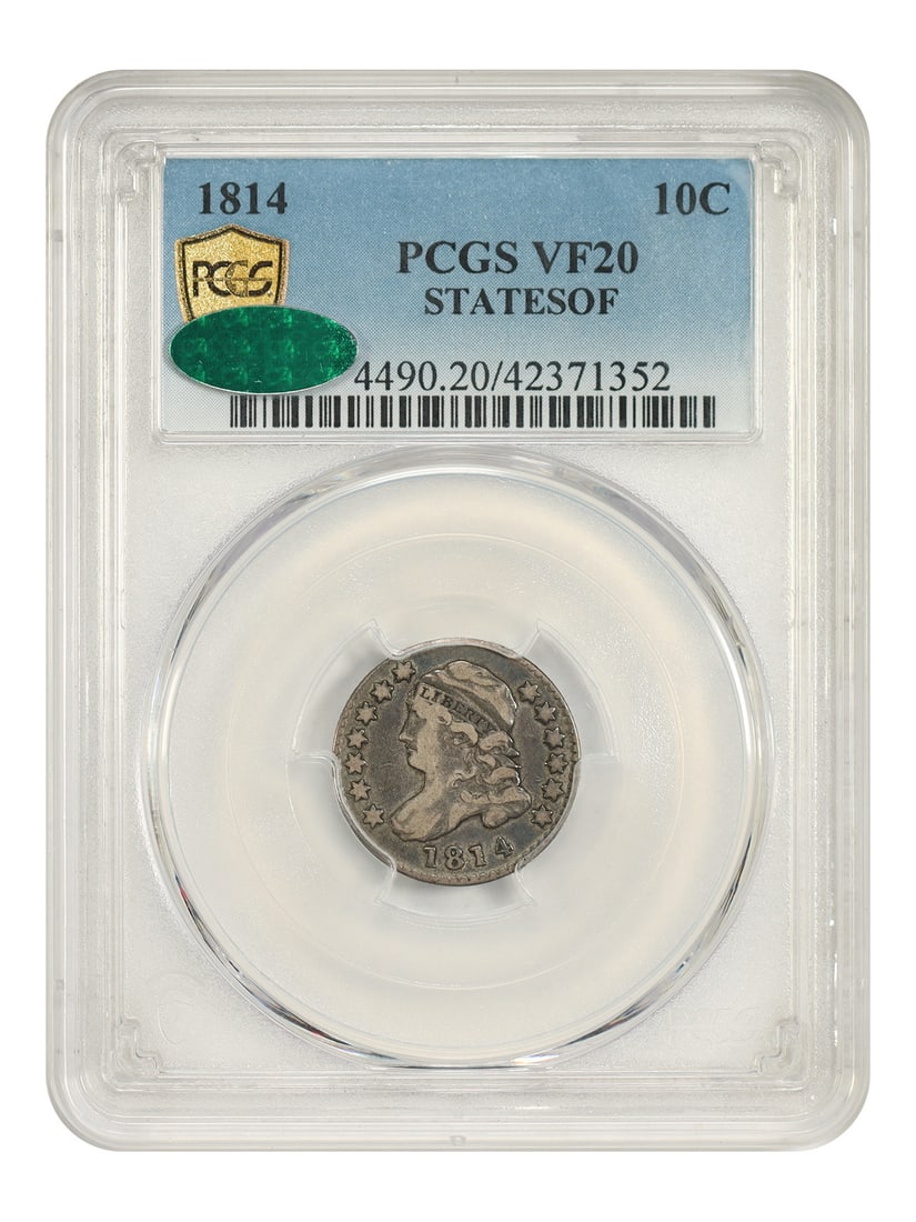 1814 PCGS CAC Capped Bust 10C STATESOF Variety: 1814 PCGS CAC Capped Bust 10C STATESOF Variety This 1814 Capped Bust Dime features the notable "STATESOF" variety, where the words STATESOFAMERICA appear without proper spacing, running together as a 