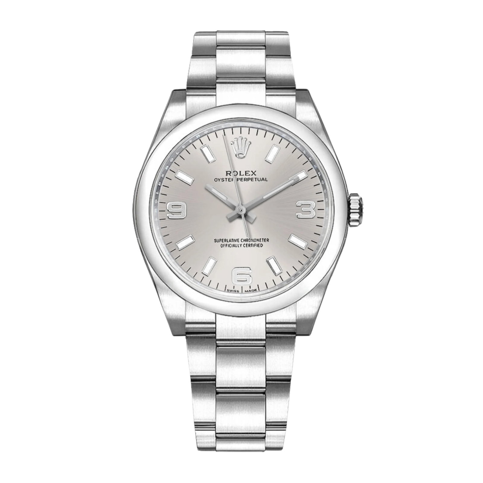 Rolex 114200 Oyster Perpetual watch silver 369 stick dial with card: Rolex 114200 Oyster Perpetual watch silver 369 stick dial with card Rolex Oyster Perpetual wristwatch, reference 114200, with a silver stick 369 dial, smooth bezel, and Oyster bracelet. The watch is u