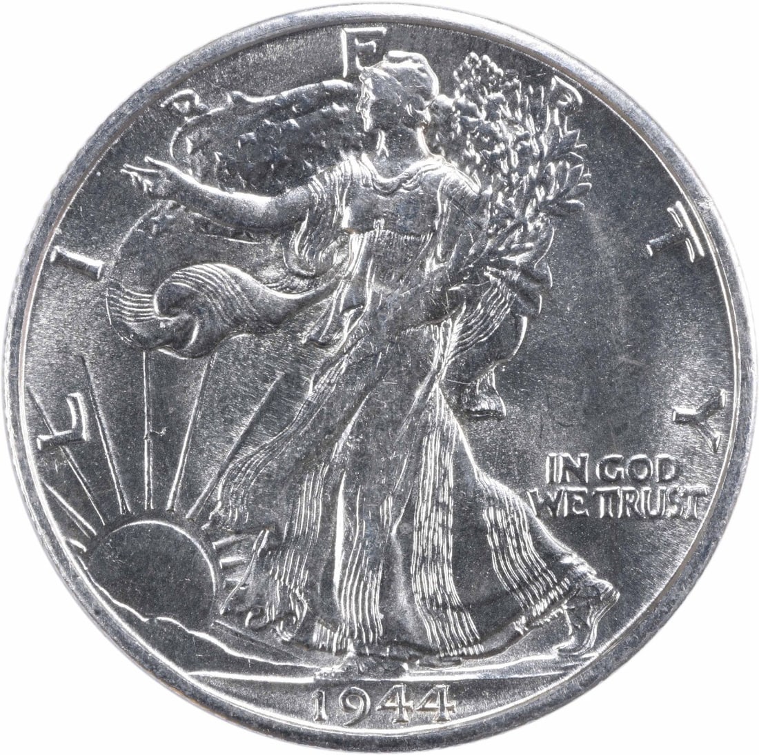 1944-S Walking Liberty 50C Silver Half Dollar Choice BU: 1944-S Walking Liberty 50C Silver Half Dollar Choice BU This is a 1944-S Walking Liberty Silver Half Dollar graded as Choice Brilliant Uncirculated (BU). The coin is uncirculated and features the icon