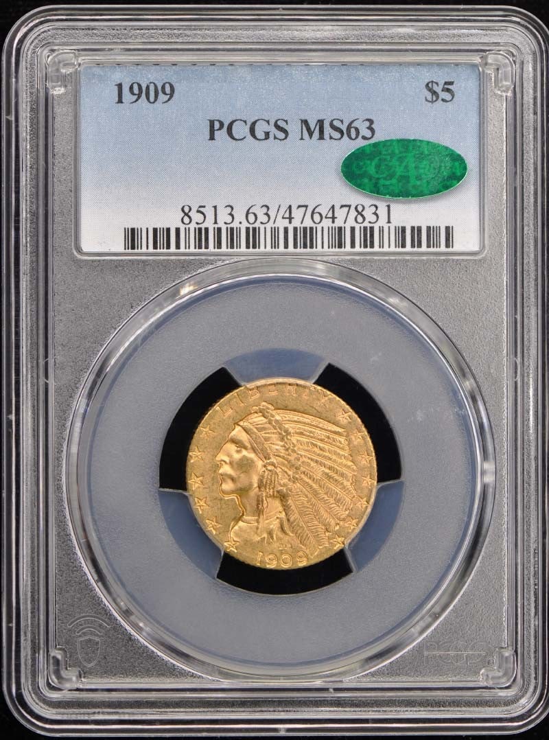 1909 Indian Head $5 Coin PCGS MS63 CAC Certified: 1909 Indian Head $5 Coin PCGS MS63 CAC Certified This stunning 1909 $5 Indian Head coin is certified by PCGS with a grade of MS63 and includes the CAC designation, indicating its exceptional quality. 