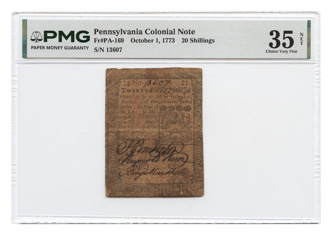 Pennsylvania Colonial Currency 20 Shillings Oct. 1 1773 PMG Choice VF35 (1 of 2)
