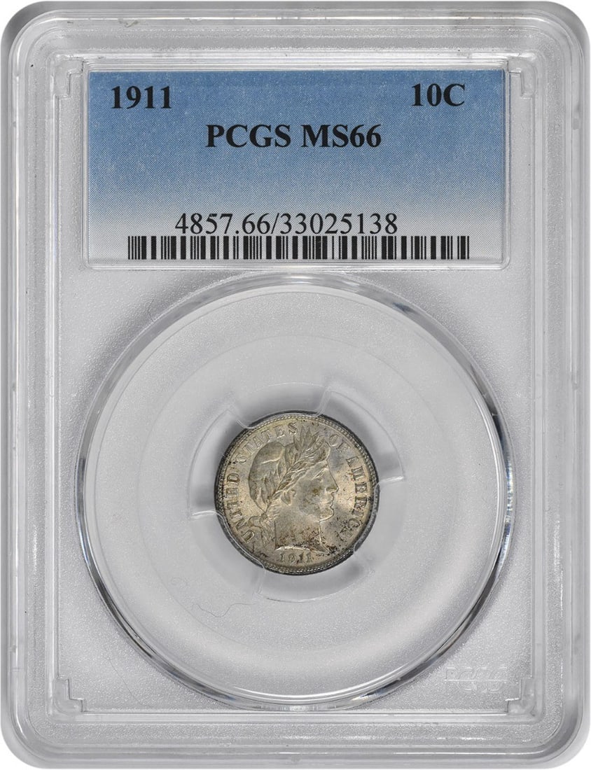 1911 MS66 PCGS Barber Dime Philadelphia 90 Percent Silver Coin: 1911 MS66 PCGS Barber Dime Philadelphia 90 Percent Silver Coin This 1911 Barber Silver Dime from the United States is certified MS66 by PCGS. Struck at the Philadelphia Mint, the coin is composed of 9