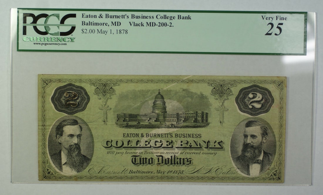 PCGS VF-25 Eaton Burnett Baltimore $2 Obsolete Currency Note (1 of 2)
