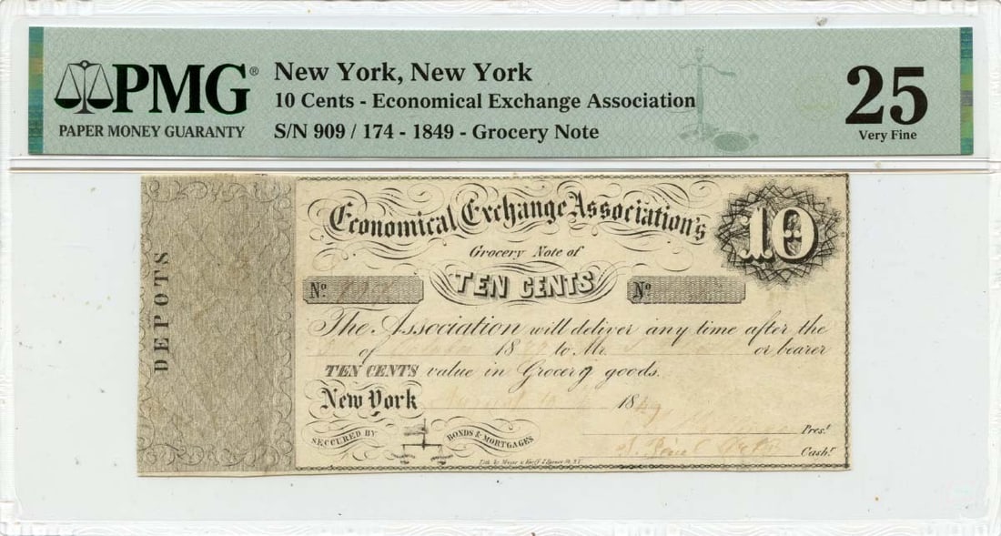 Economical Exchange Grocery 1849 Obsolete 10 Cent Note PMG VF25: Economical Exchange Grocery 1849 Obsolete 10 Cent Note PMG VF25 This is an 1849 10 cents New York obsolete note from the Economical Exchange Grocery. The note has been professionally graded by PMG wit
