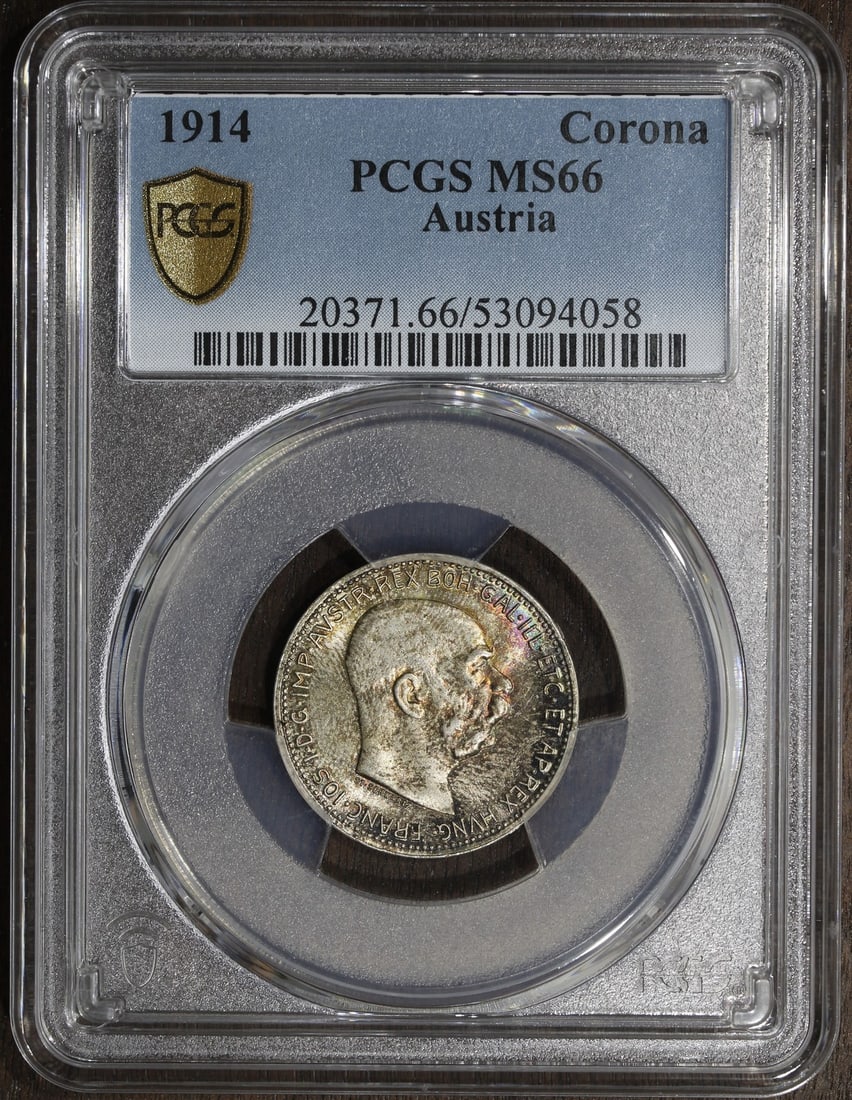Austria 1914 Silver 1 Corona PCGS MS66 Rainbow Toned Top Pop (1 of 3)