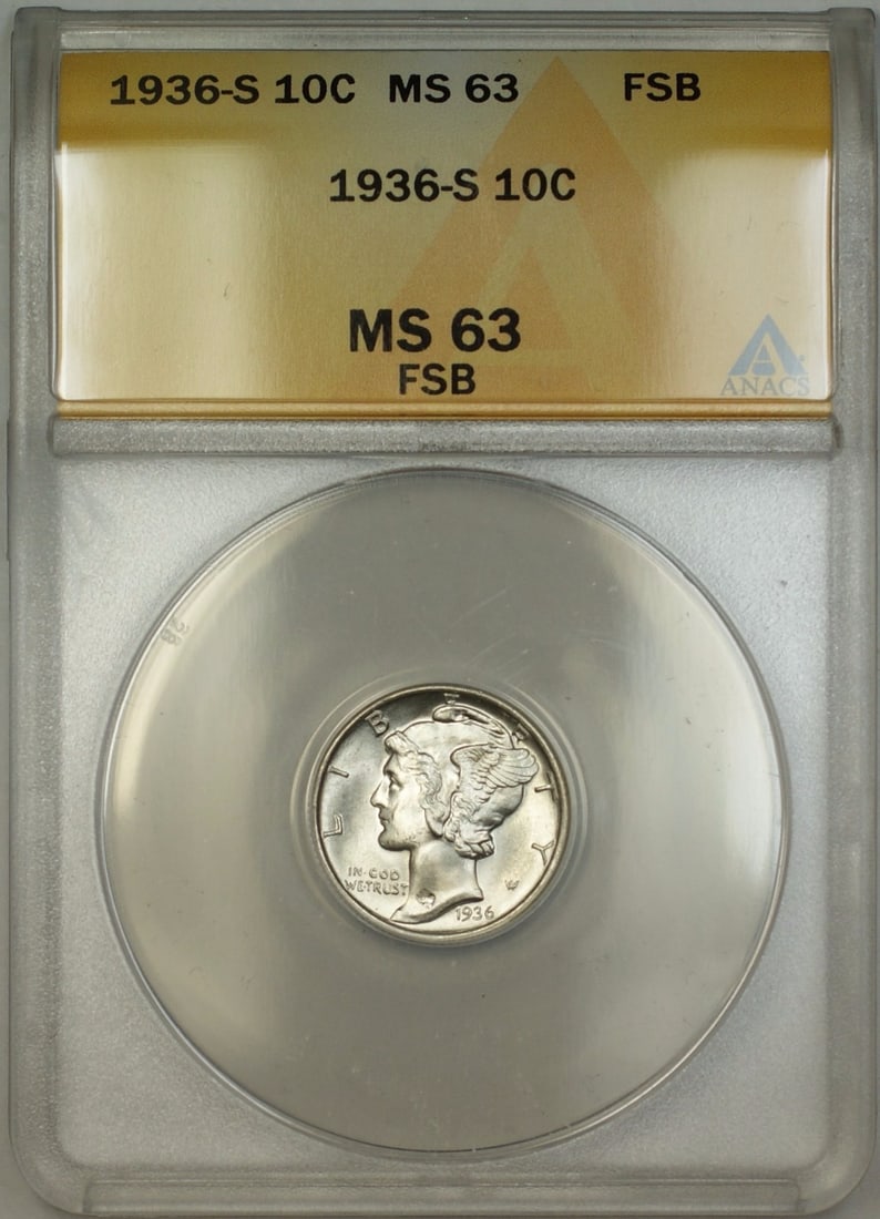 ANACS MS-63 1936-S Mercury Dime Full Split Bands Silver: ANACS MS-63 1936-S Mercury Dime Full Split Bands Silver This 1936-S Mercury Dime is an uncirculated silver coin graded MS 63 by ANACS. Minted in San Francisco, it features full split bands, making it 