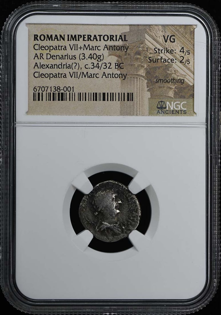 NGC Graded Denarius Featuring Cleopatra VII and Marc Antony 3.40g Ancient Roman Coin: NGC Graded Denarius Featuring Cleopatra VII and Marc Antony 3.40g Ancient Roman Coin This ancient Roman denarius features Cleopatra VII and Marc Antony. Certified by NGC with a grade of VG, this coin 