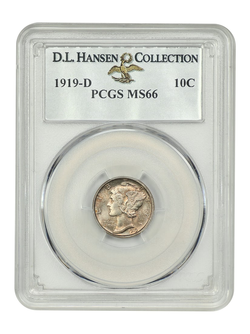 Mercury Dime 1919-D 10C PCGS MS66 Denver Mint: Mercury Dime 1919-D 10C PCGS MS66 Denver Mint This 1919-D Mercury Dime is graded MS66 by PCGS and comes encapsulated in a protective holder. It is described as elusive in Mint State and tied for fines