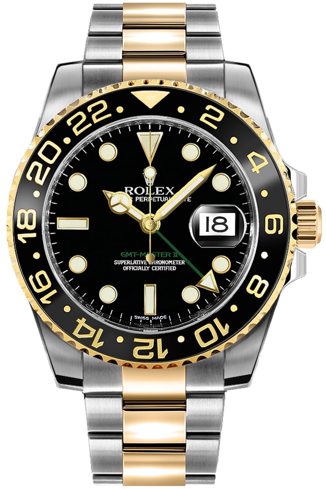 Rolex 116713LN GMT Master II mens watch black dial Oyster bracelet: Rolex 116713LN GMT Master II mens watch black dial Oyster bracelet Rolex GMT-Master II men's watch with a black dial, ceramic bezel, and Oyster bracelet. The reference number is 116713LN, and it is id