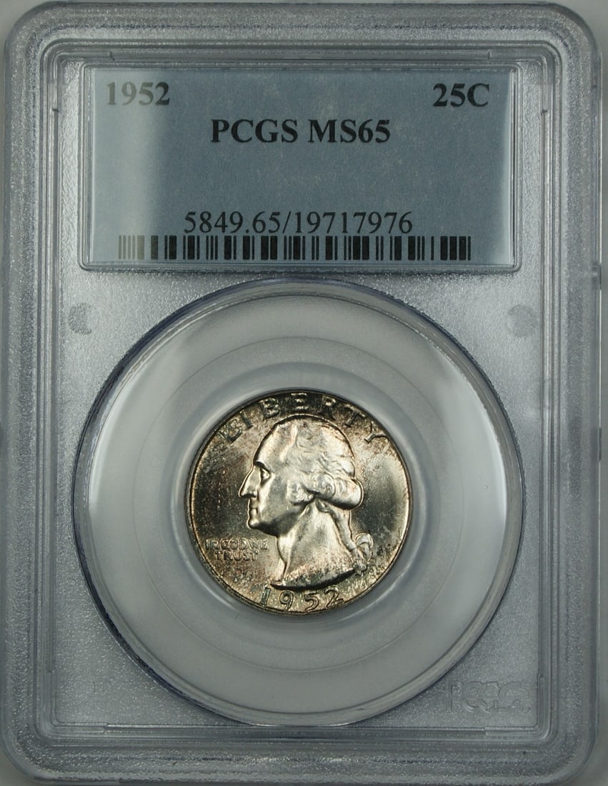 PCGS MS65 1952 Washington Quarter Silver Toned: PCGS MS65 1952 Washington Quarter Silver Toned This 1952 Washington Quarter is composed of silver and has been graded MS-65 by PCGS, indicating a high-quality, uncirculated coin with attractive toning