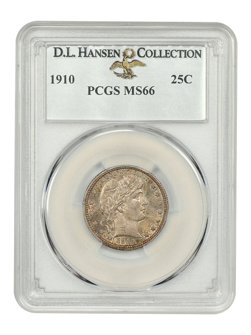 Barber Quarter 1910 25C PCGS MS66 ex D.L. Hansen: Barber Quarter 1910 25C PCGS MS66 ex D.L. Hansen 1910 Barber Quarter certified by PCGS and graded MS66. This uncirculated 25C coin from the Philadelphia Mint is described as an underrated issue and co