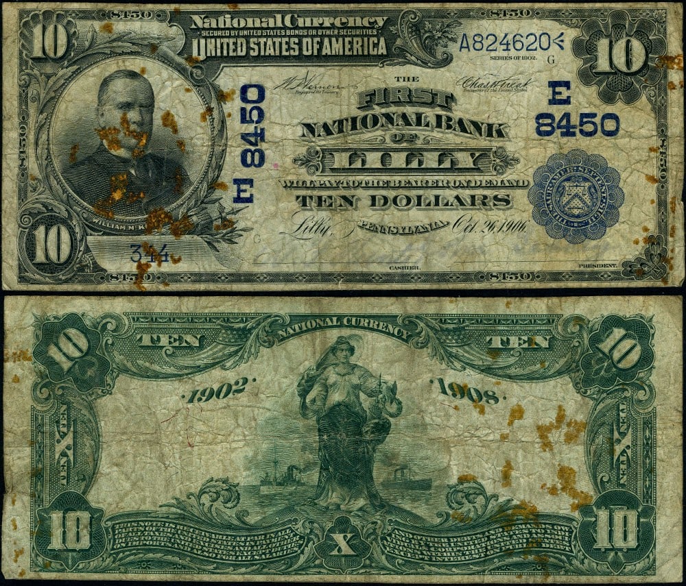 1902 DB $10 National Bank Note Lilly PA Ch #8450 Fine: 1902 DB $10 National Bank Note Lilly PA Ch #8450 Fine This is a circulated 1902 $10 National Bank Note from Lilly, Pennsylvania, charter number 8450. The note is graded as Fine, showcasing characteris