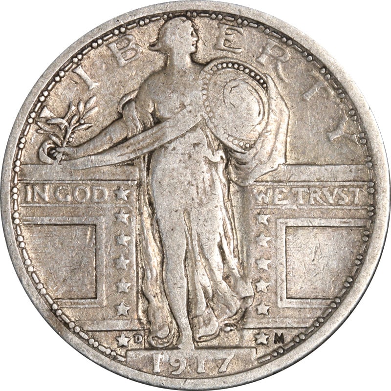 1917 D Standing Liberty Type 1 Silver Quarter: 1917 D Standing Liberty Type 1 Silver Quarter 1917-D Type 1 Standing Liberty Quarter from the United States. This pre-owned coin is composed of silver and is listed as circulated. The item is uncertif