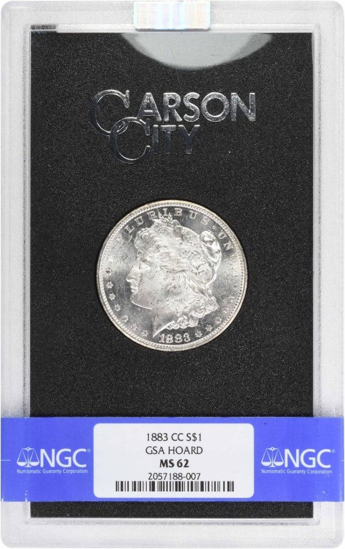 NGC MS62 1883 Carson City Morgan Dollar in GSA Holder: NGC MS62 1883 Carson City Morgan Dollar in GSA Holder This 1883-CC Morgan Silver Dollar is graded MS62 by NGC and comes in a GSA holder. Minted in Carson City, this uncirculated coin is composed of 90