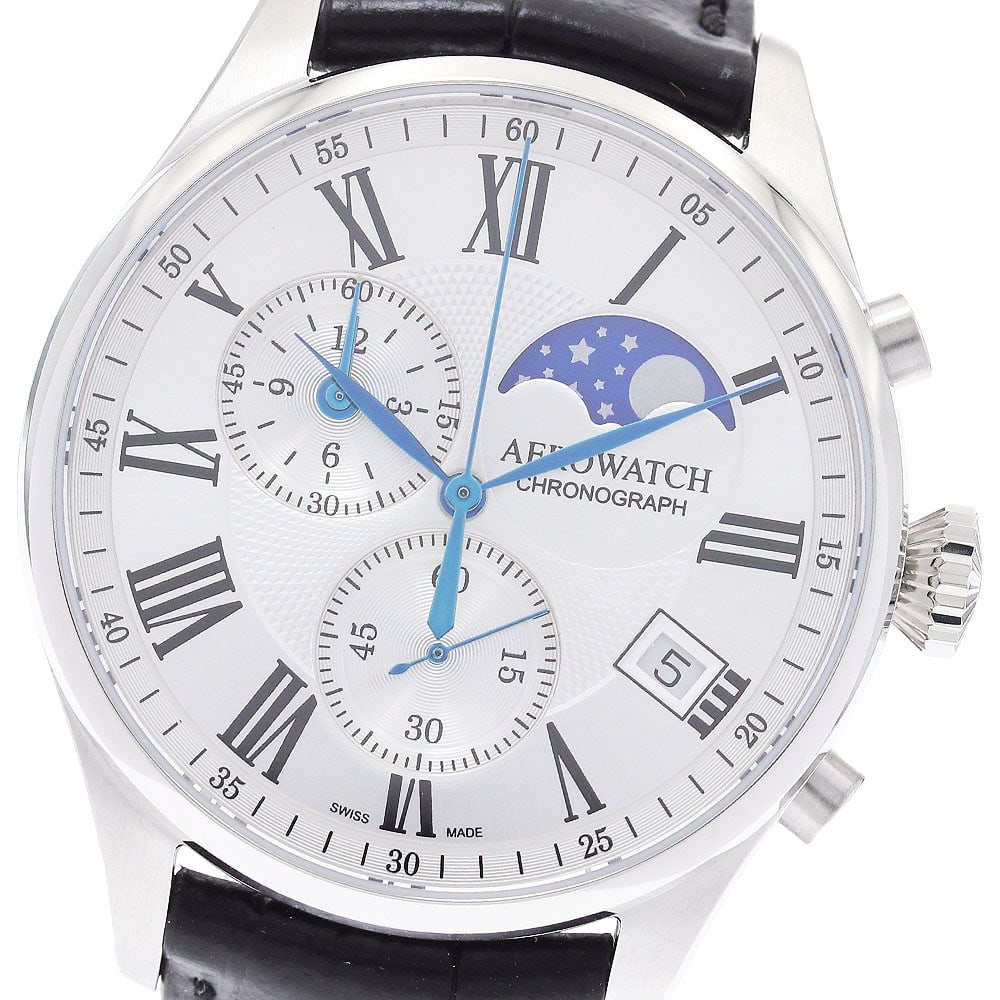 AEROWATCH A78990 Quartz Moon Phase Chronograph Men's Wristwatch: AEROWATCH A78990 Quartz Moon Phase Chronograph Men's Wristwatch This AEROWATCH A78990 is a men's chronograph wristwatch featuring a moon phase complication and a quartz movement. The watch has a stain