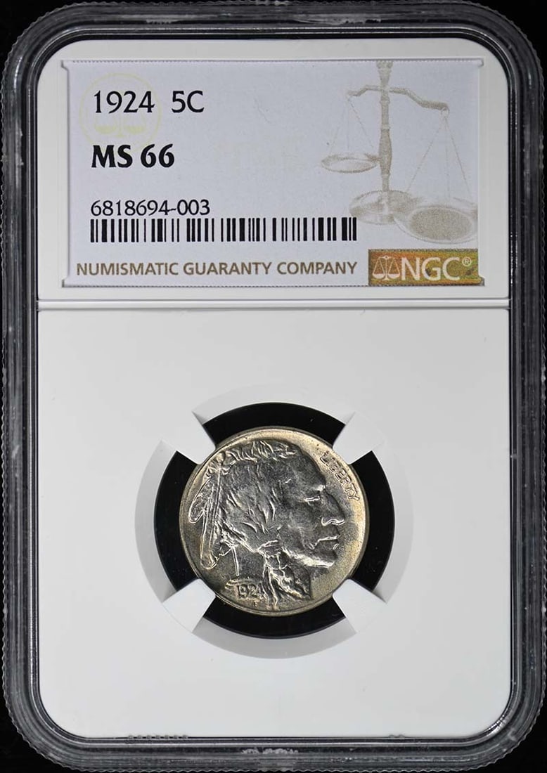1924 Buffalo Nickel Type 2 NGC MS66 Uncirculated Coin: 1924 Buffalo Nickel Type 2 NGC MS66 Uncirculated Coin This 1924 Buffalo Nickel Type 2 is certified by NGC with a remarkable grade of MS66, indicating its uncirculated condition. Minted in Philadelphia