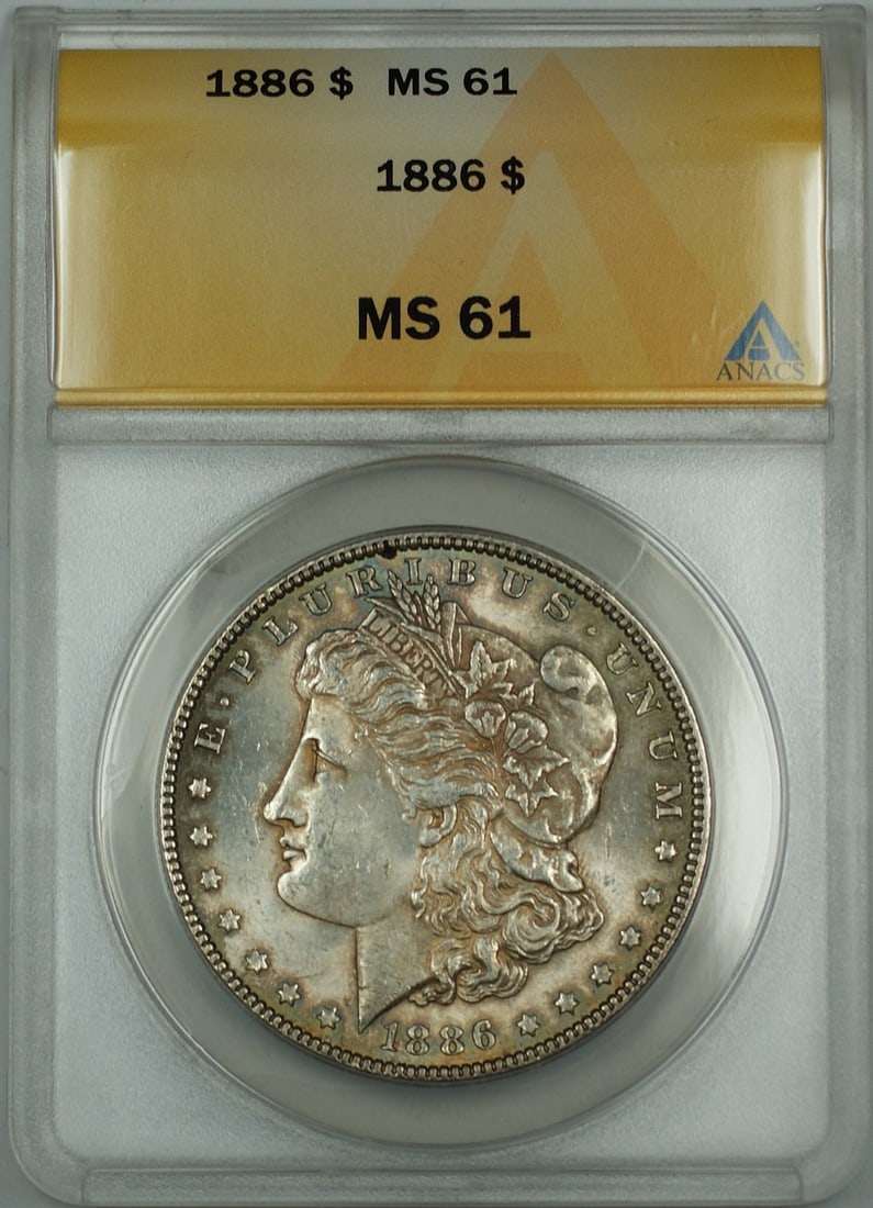 ANACS MS-61 1886 Silver Morgan Dollar Philadelphia Mint Toned Uncirculated: ANACS MS-61 1886 Silver Morgan Dollar Philadelphia Mint Toned Uncirculated This 1886 Morgan Silver Dollar coin is certified by ANACS with a grade of MS 61 and features attractive toning. Struck in Phi