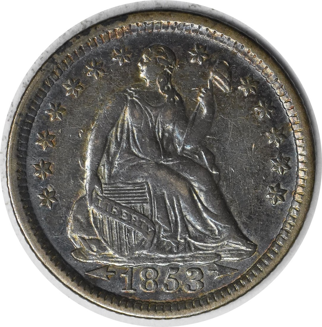 1853 Seated Liberty Half Dime Arrows AU Uncertified: 1853 Seated Liberty Half Dime Arrows AU Uncertified This 1853 Liberty Seated Silver Half Dime with arrows is a circulated coin from the United States. It features the classic Seated Liberty design and