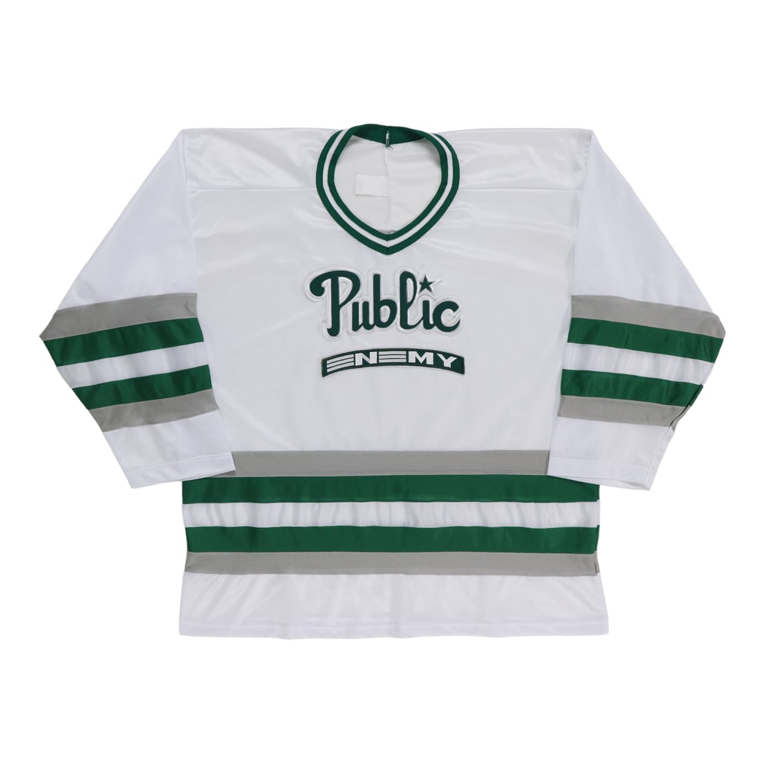 Vintage 1990s Public Enemy White Hockey Style Jersey With Front and Back Graphics: Vintage 1990s Public Enemy White Hockey Style Jersey With Front and Back Graphics This is an original 1990s Public Enemy hockey jersey, featuring both front and back graphics. It is a genuine vintage 