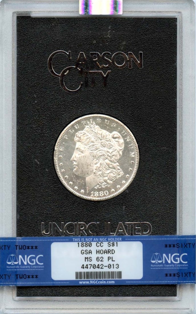 NGC MS62PL 1880 Carson City Morgan Dollar GSA Hoard Proof-Like: NGC MS62PL 1880 Carson City Morgan Dollar GSA Hoard Proof-Like This 1880-CC Morgan Dollar is part of the GSA Hoard and has been certified by NGC with a grade of MS62 Proof-Like (PL). Minted in Carson 