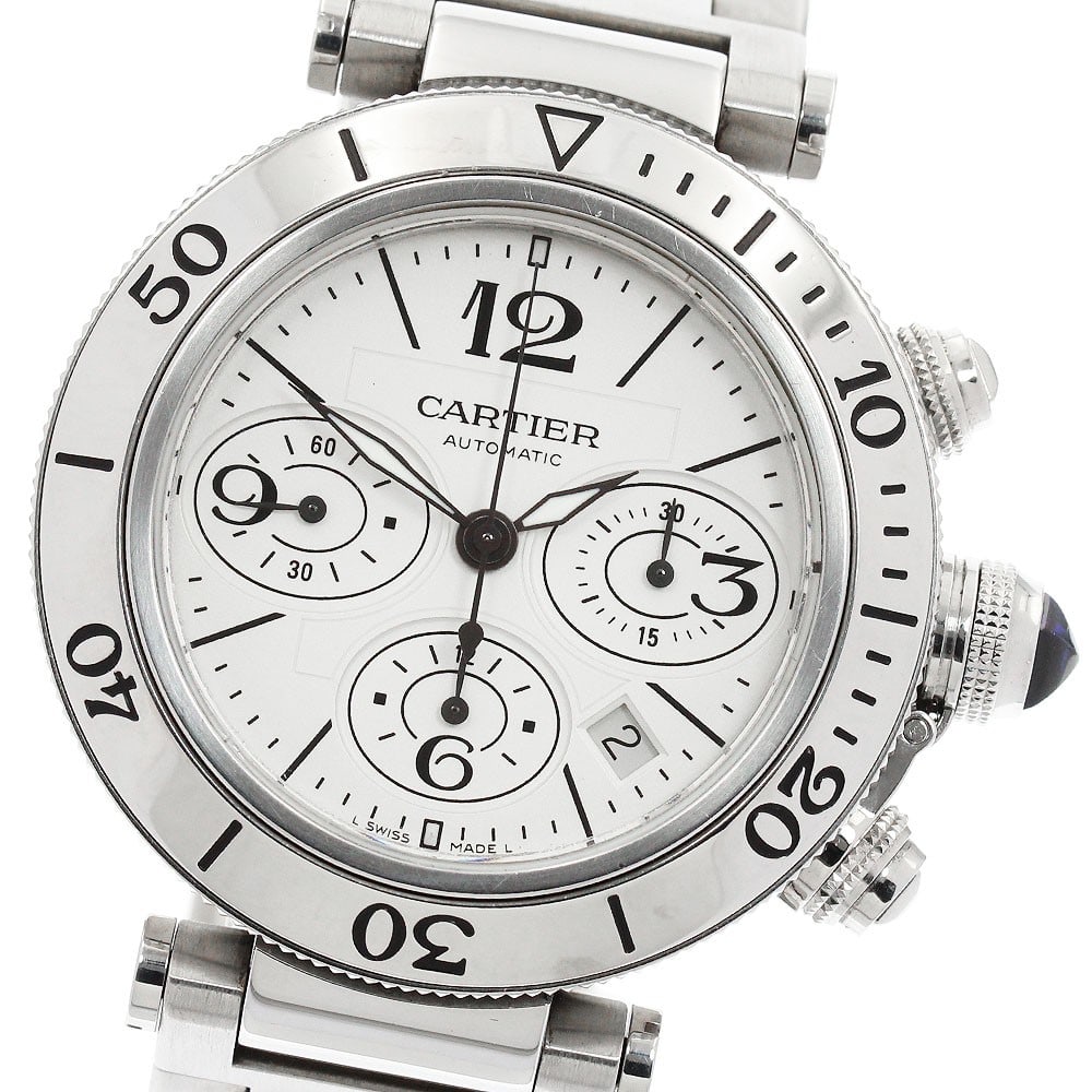 Cartier Pasha Seatimer Automatic Silver Stainless Steel Chronograph Men's Watch: Cartier Pasha Seatimer Automatic Silver Stainless Steel Chronograph Men's Watch This Cartier Pasha Seatimer Chronograph W31089M7 is a sophisticated men's wristwatch featuring an automatic movement and