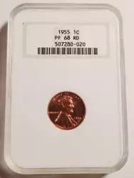 NGC PF68 RD 1955 Philadelphia Proof Lincoln Wheat Cent: NGC PF68 RD 1955 Philadelphia Proof Lincoln Wheat Cent This 1955 Lincoln Wheat Cent features the Wheat Ears reverse and has been graded PF 68 Red by NGC. Struck in copper at the Philadelphia Mint, thi